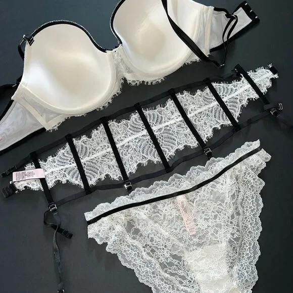 Victoria's Secret 34DD,36DD,36DDD BRA SET+garter+panty black WHITE lace velvet - Picture 4 of 4